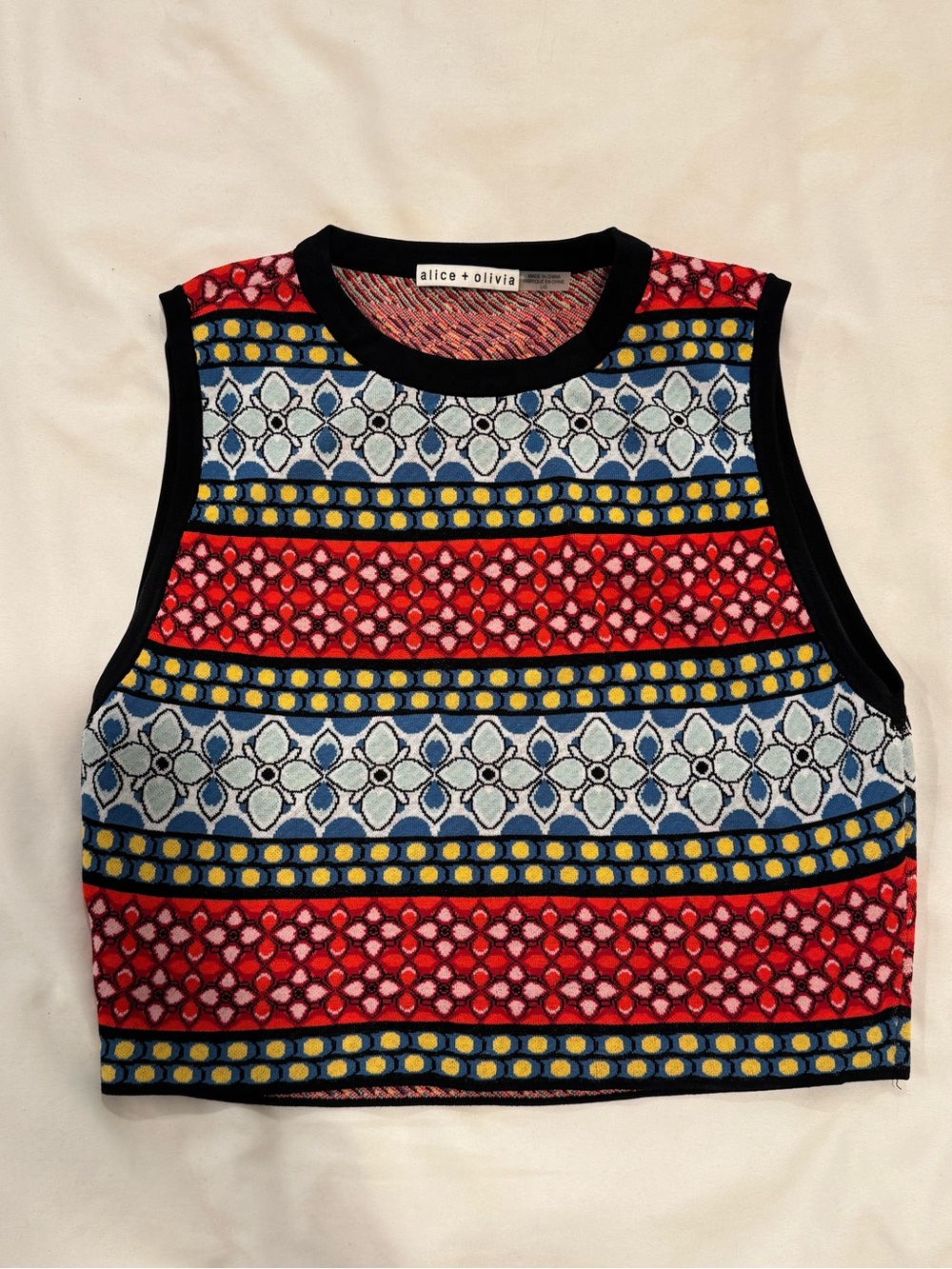 Alice + Olivia Red, Blue and Yellow Patterned Knit Crop Top